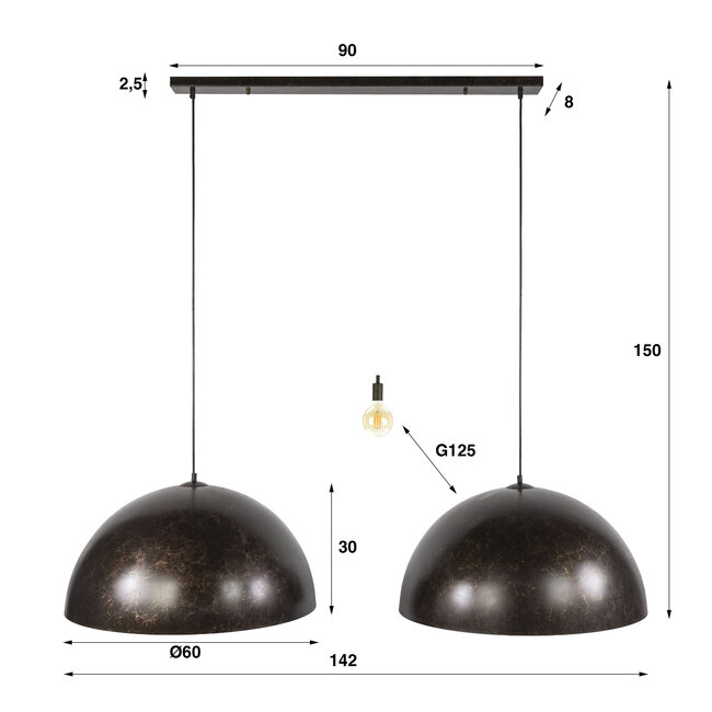Hanglamp Metaal Urban Bruin 2-lichts - Dome Ø60cm