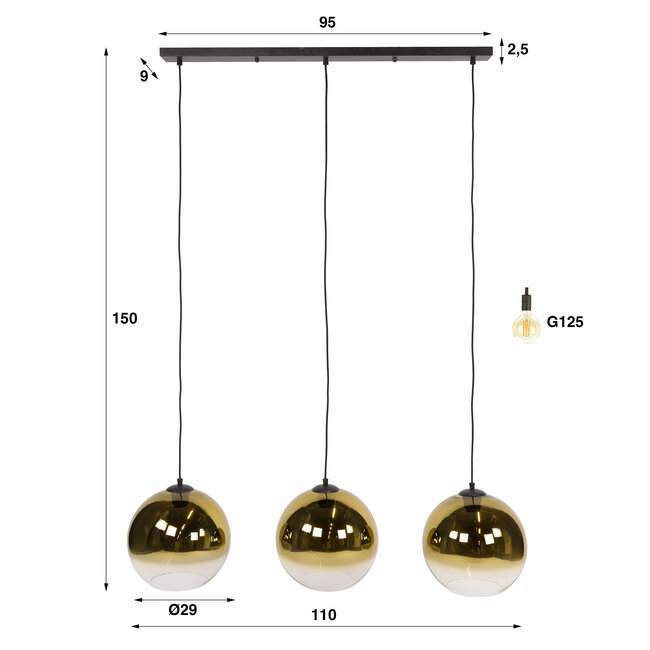 Hanglamp Goudglas Zwart 3-Lichts - Bubble Shaded