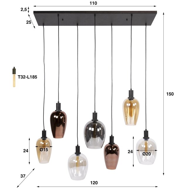 Hanglamp Artic Zwart Glasmix 7 Lichtpunten - Amfora