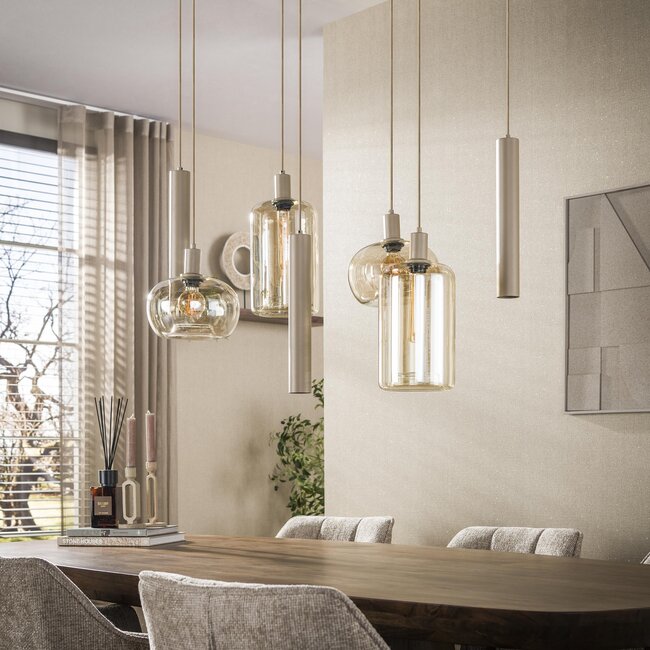 Hanglamp Beige Metaal Amber Glas - Serene 7-lichts