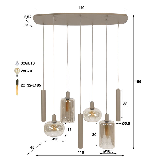 Hanglamp Beige Metaal Amber Glas - Serene 7-lichts