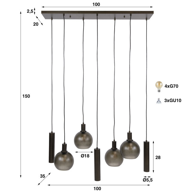 Hanglamp Bruin Mat Glas Metaal 7 Lichtpunten - Sfera