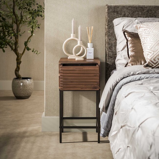 Nachtkastje Line 1 Lade Acacia Hout Bruin Metaal