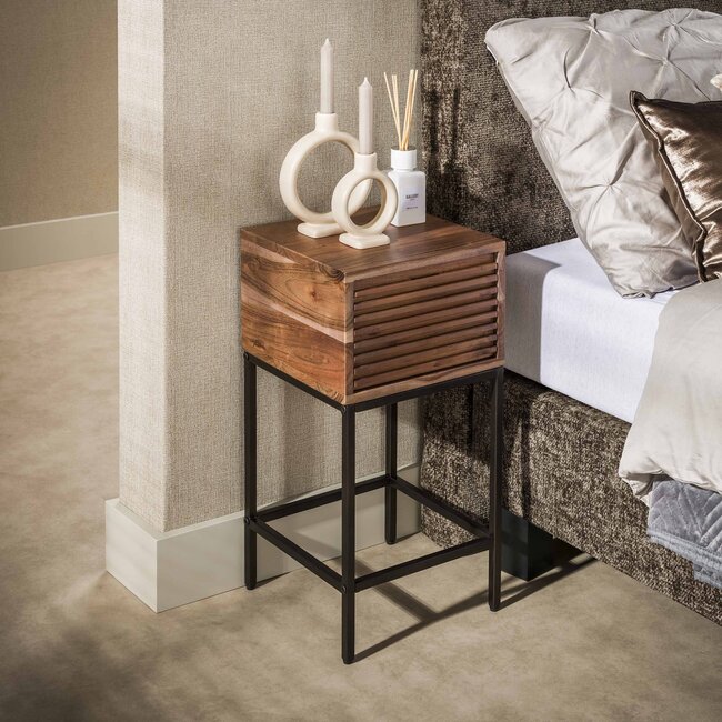 Nachtkastje Line 1 Lade Acacia Hout Bruin Metaal