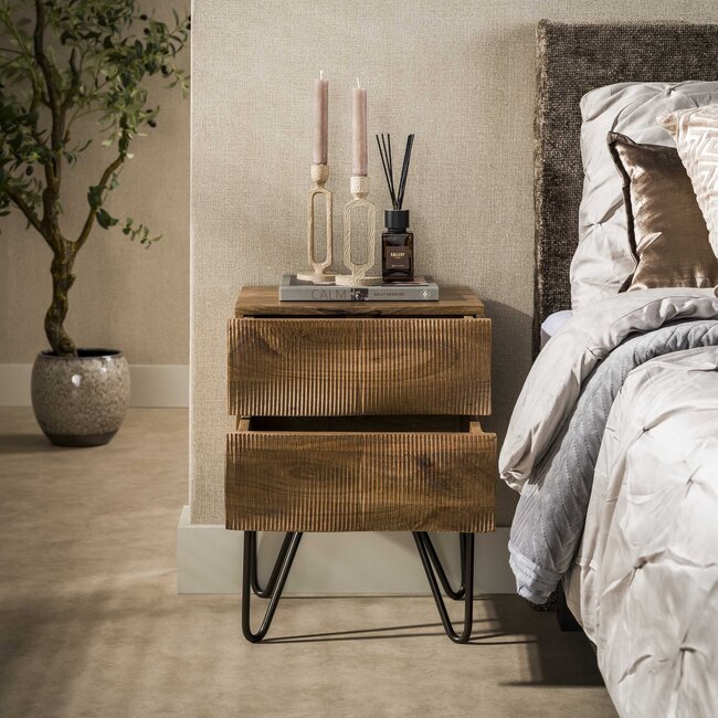 Nachtkastje Ocean 2 Lades Mango Hout Zand Metaal