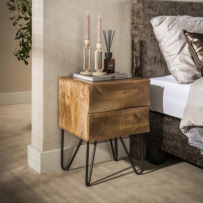 Nachtkastje Ocean 2 Lades Mango Hout Zand Metaal