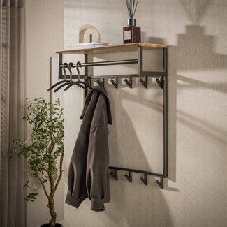 PS-Collection Kapstok Hoog Hoedenplank 12 Haken Eikenlook Metaal