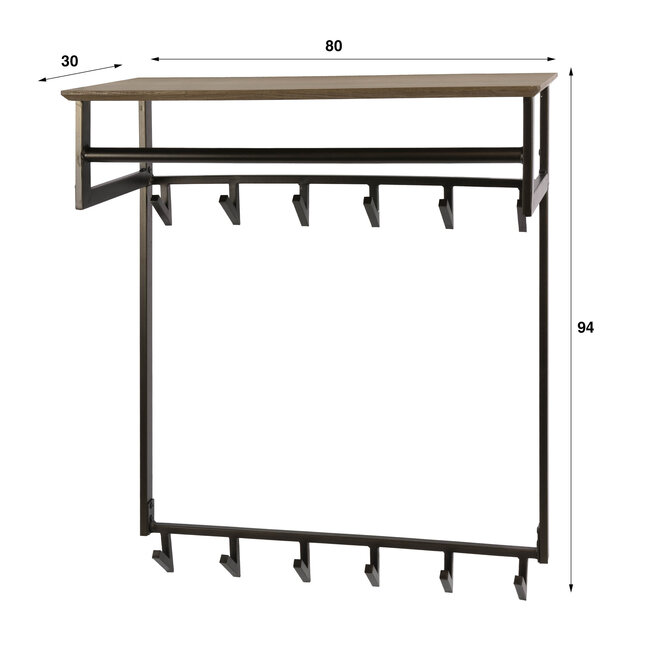 Kapstok Hoog Hoedenplank 12 Haken Eikenlook Metaal