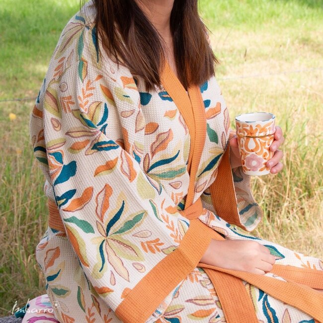 Imbarro Kimono Indira Wafel Katoen Ecru Oranje One size