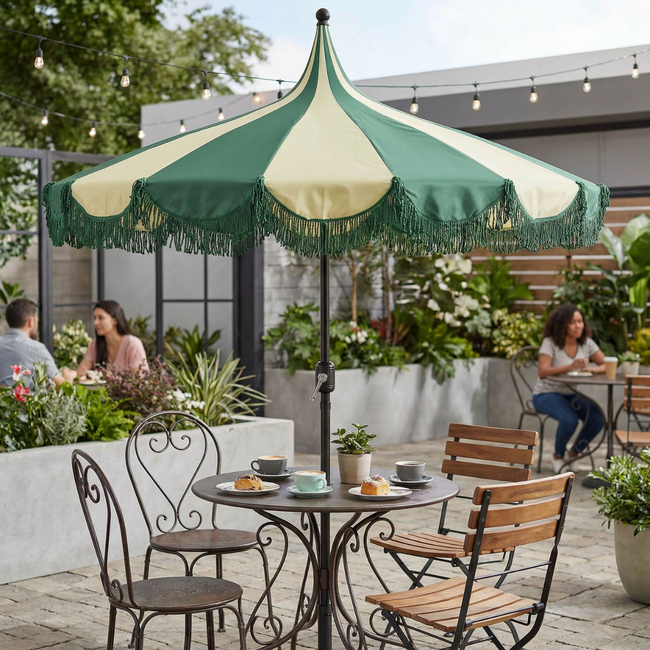 Parasol Donkergroen Met Strepen en Franjes