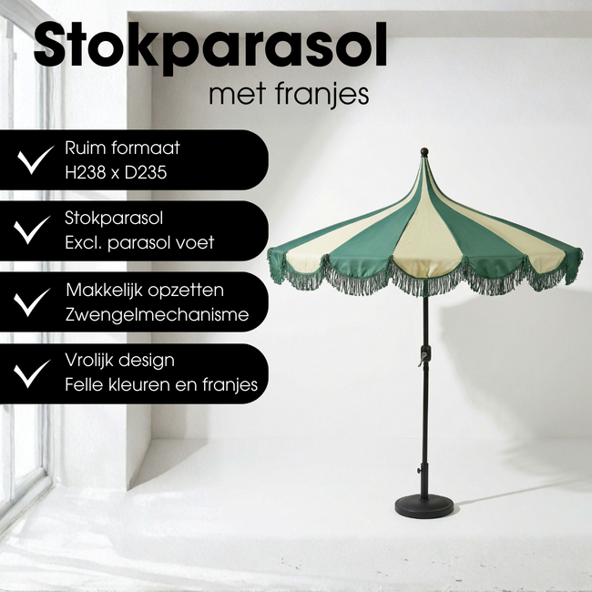 Parasol Donkergroen Met Strepen en Franjes