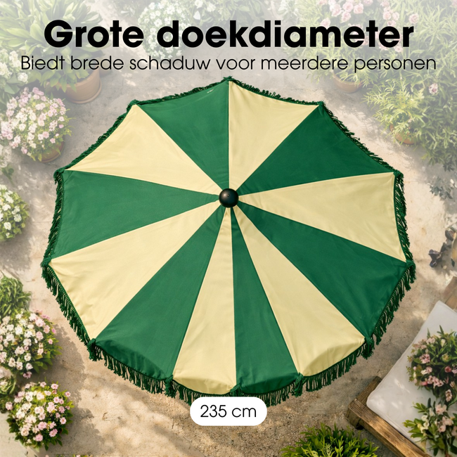 Parasol Donkergroen Met Strepen en Franjes