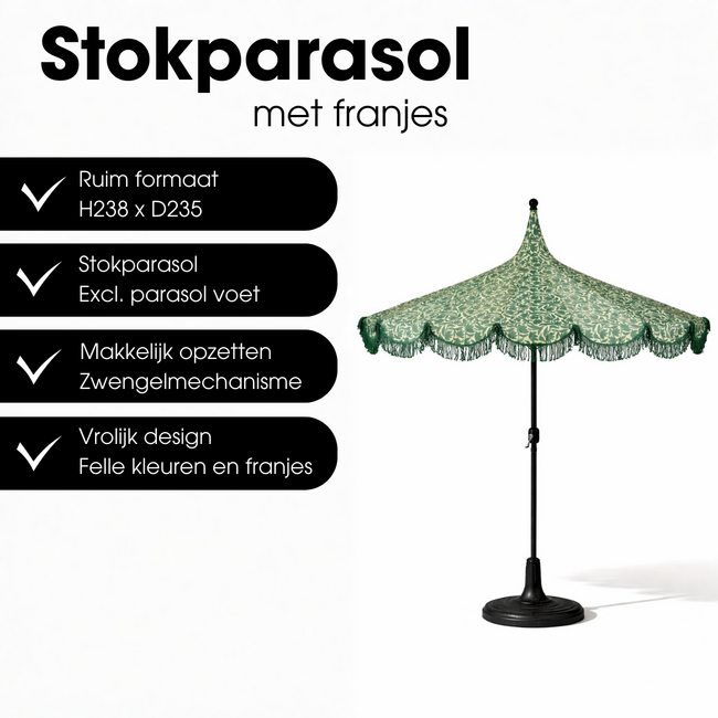 Parasol Donkergroen Met Franjes - Bohemian Tuinstijl