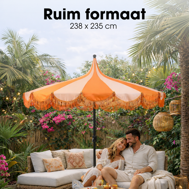 Parasol Oranje Met Strepen en Franjes