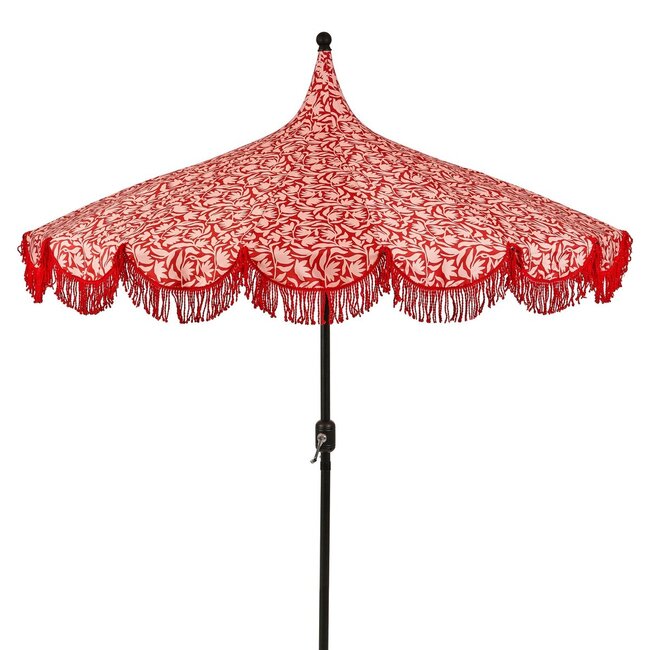 Parasol Rood Met Bloemenprint en Franjes - Retro Tuinstijl