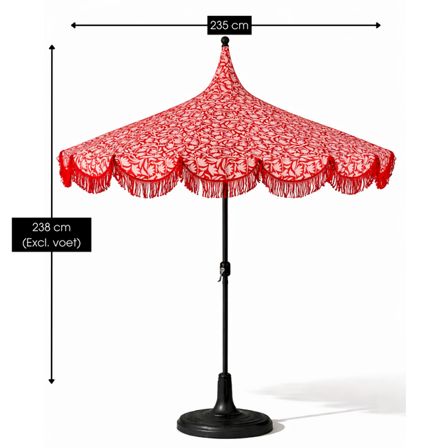 Parasol Rood Met Bloemenprint en Franjes - Retro Tuinstijl