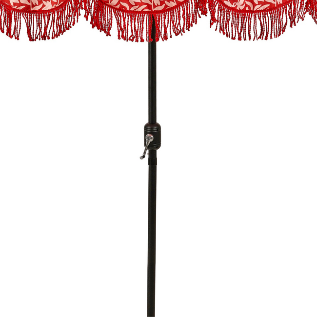 Parasol Rood Met Bloemenprint en Franjes - Retro Tuinstijl