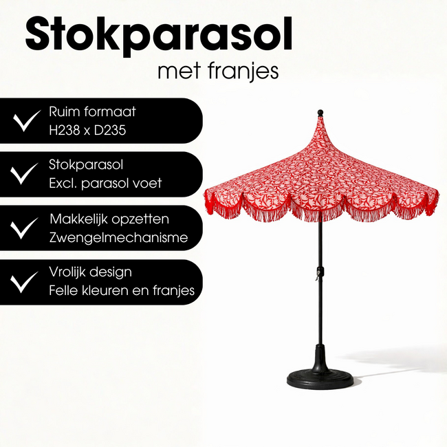 Parasol Rood Met Bloemenprint en Franjes - Retro Tuinstijl