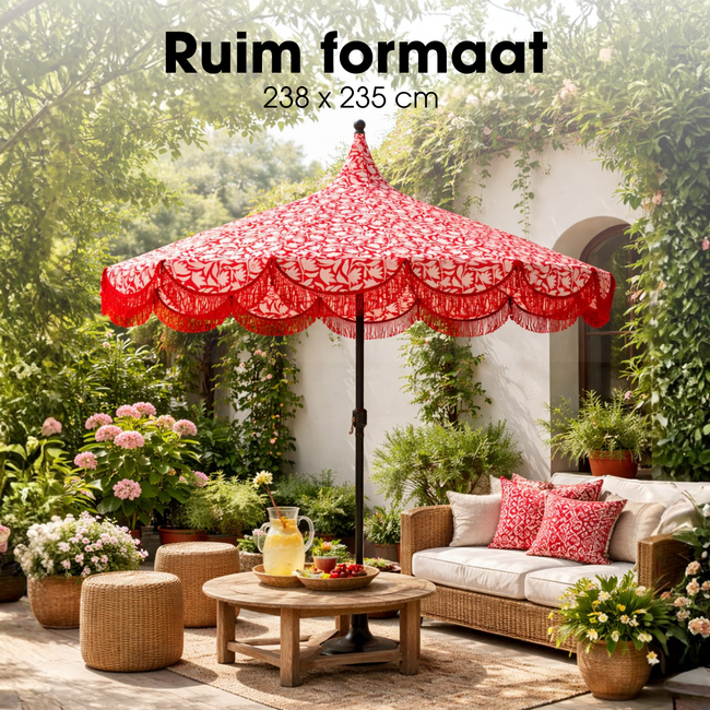 Parasol Rood Met Bloemenprint en Franjes - Retro Tuinstijl