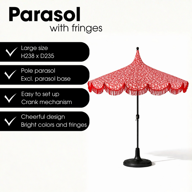 Parasol Rood Met Bloemenprint en Franjes - Retro Tuinstijl