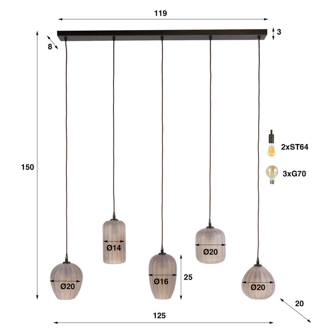Hanglamp Sienna Bruin Glas - Altura 5-Lichts