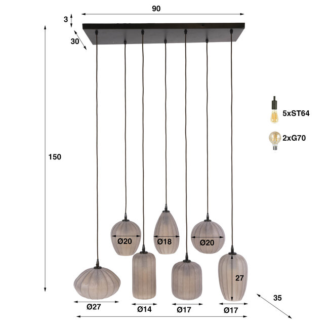 Hanglamp Bruin Mat Glas 7 Lichtpunten - Altura