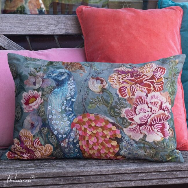 Sierkussen Plume Katoen Blauw Multi Pauw Bloemen