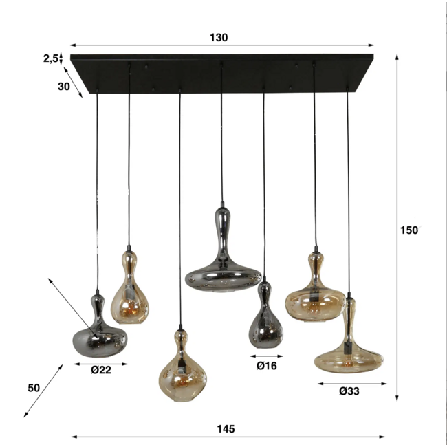 Hanglamp Glas Metaal Artic Zwart - Karaf 7-lichts