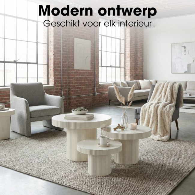 Bijzettafel Set van 3 Metaal Gebroken Wit Rond