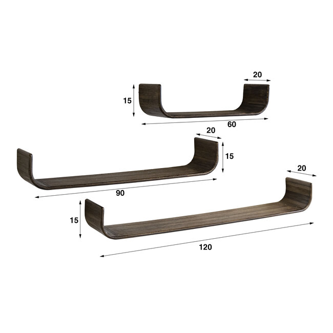 Wandplank Teakhout Set van 3 Espresso - Maya