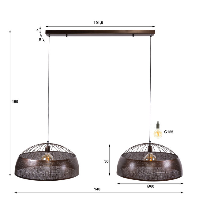 Hanglamp Metaal Antiek Koper Screen 2-Lichts