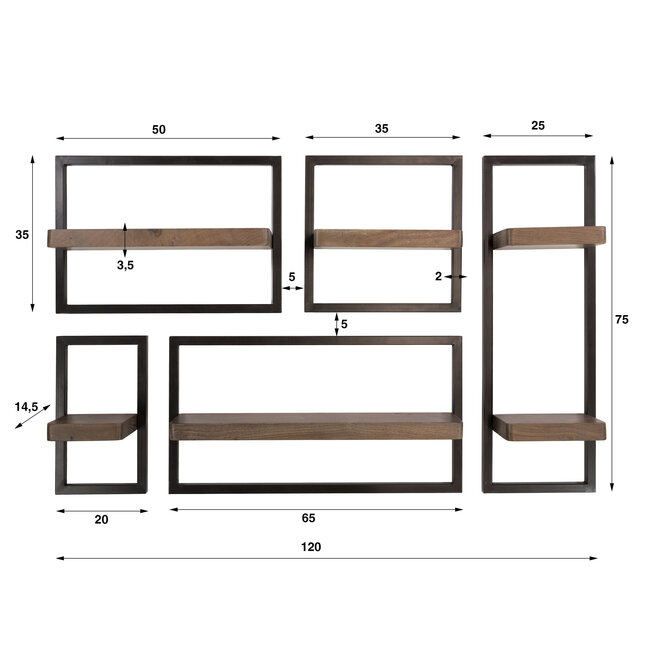 Wandplanken Set van 5 Acaciahout Bruin - Carve