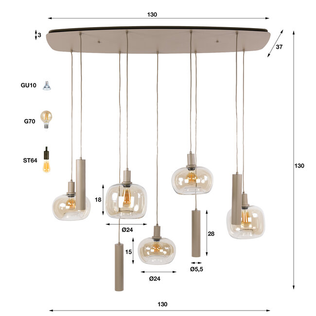 Hanglamp Beige Amber Glas Metaal 9-lichts - Serene