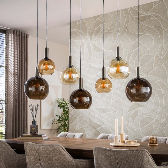 Hanglamp Bruin Amber Glas Metaal 7-lichts - Moka