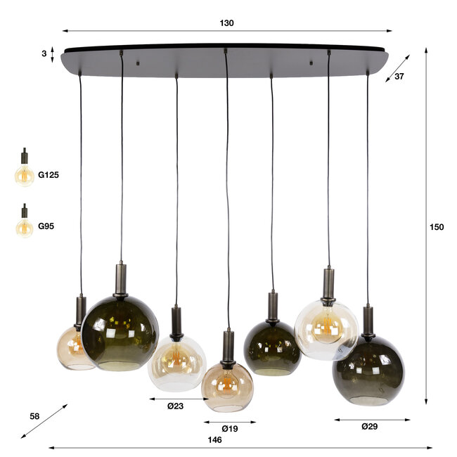 Hanglamp Bruin Amber Glas Metaal 7-lichts - Moka