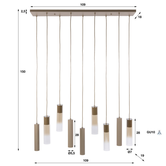 Hanglamp Beige Glas Metaal 9-lichts - Lungo