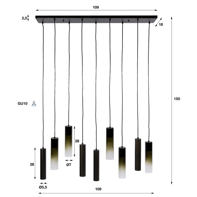 Hanglamp Bruin Glas Metaal 9-lichts - Lungo