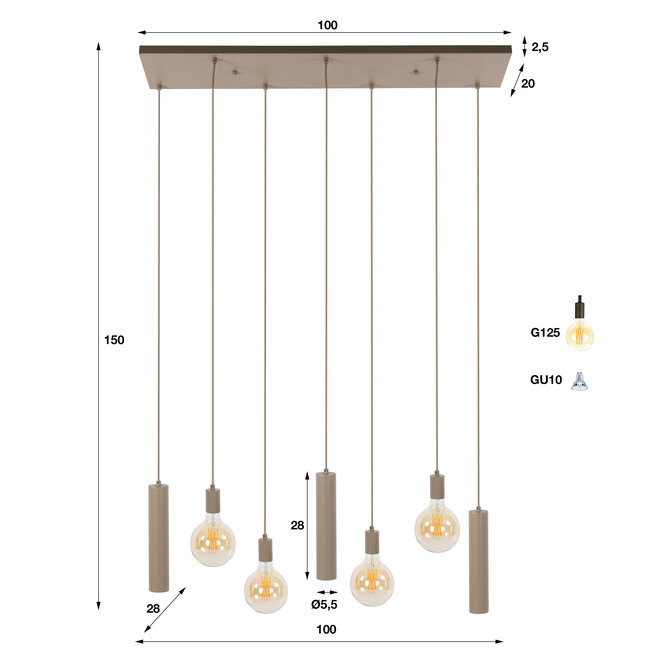 Hanglamp Beige Metaal Cilinder 7-lichts - Senso
