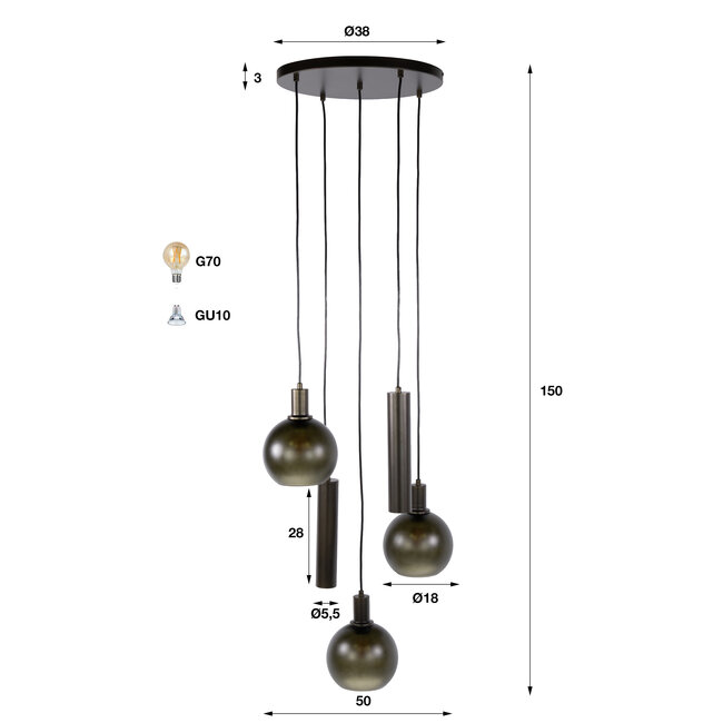 Hanglamp Sienna Bruin Glas Getrapt 5-lichts - Sfera