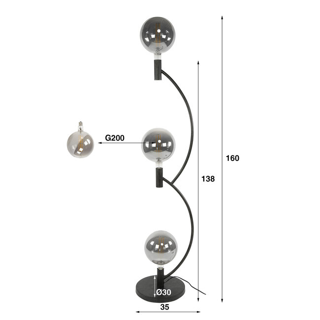Vloerlamp Zwart Metaal Gebogen 3-lichts - Arcus
