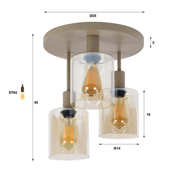 Plafondlamp Glas Beige Metaal 3 Lichtpunten - Sepiora