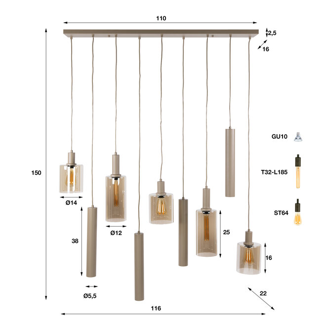 Hanglamp Beige Glas Metaal 9-lichts - Sepiora