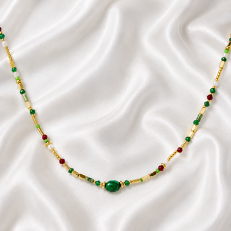 Ketting met Groene Kralen en Parels Goudkleurig