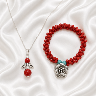 PuurSpirits Sieradenset Rood Koraal Armband Ketting met Hanger