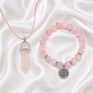 PuurSpirits Sieradenset Rozenkwarts Ketting Armband met Ohm Bedel
