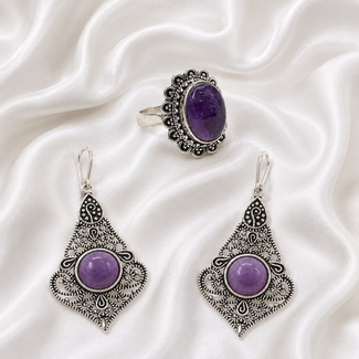 PuurSpirits Sieradenset Amethist Oorbellen en Ring Bohemian