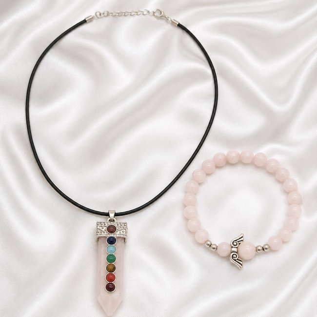 Sieradenset Rozenkwarts 7 Chakra in Cadeaudoos