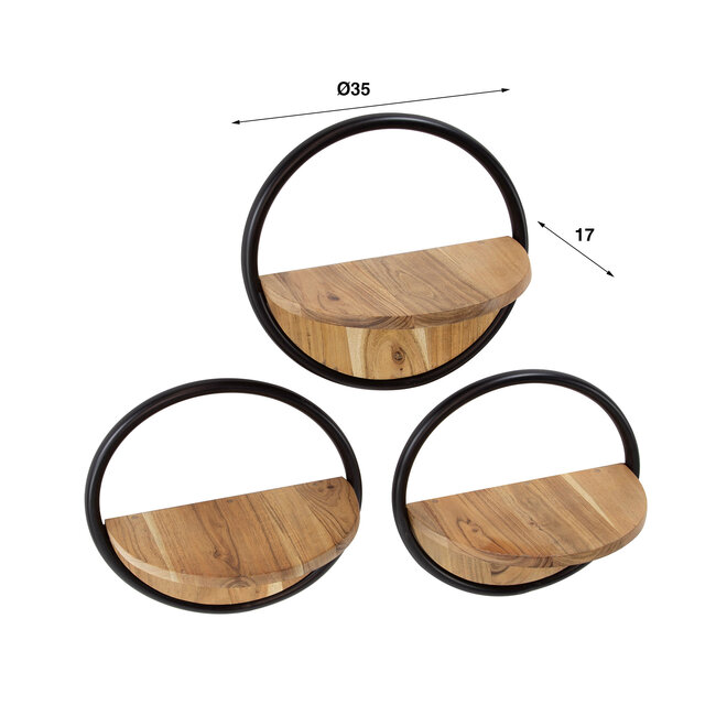 Wandschap Round Set van 3 Acaciahout - Tweede Kans