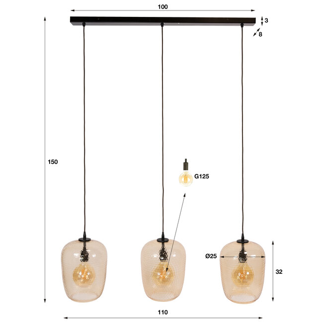 Hanglamp Amber Glas Brons 3 Lichtpunten - Python