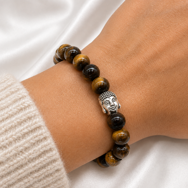 Armband Tijgeroog Boeddhahoofd in Cadeaudoos